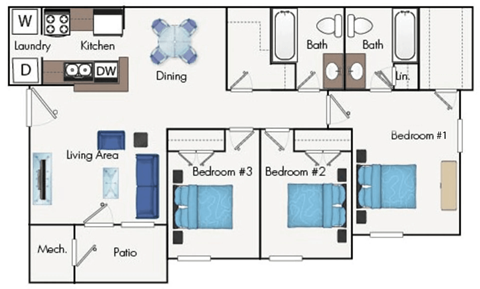 Floor plan for 3 beds, 2 baths, 1185 sqft